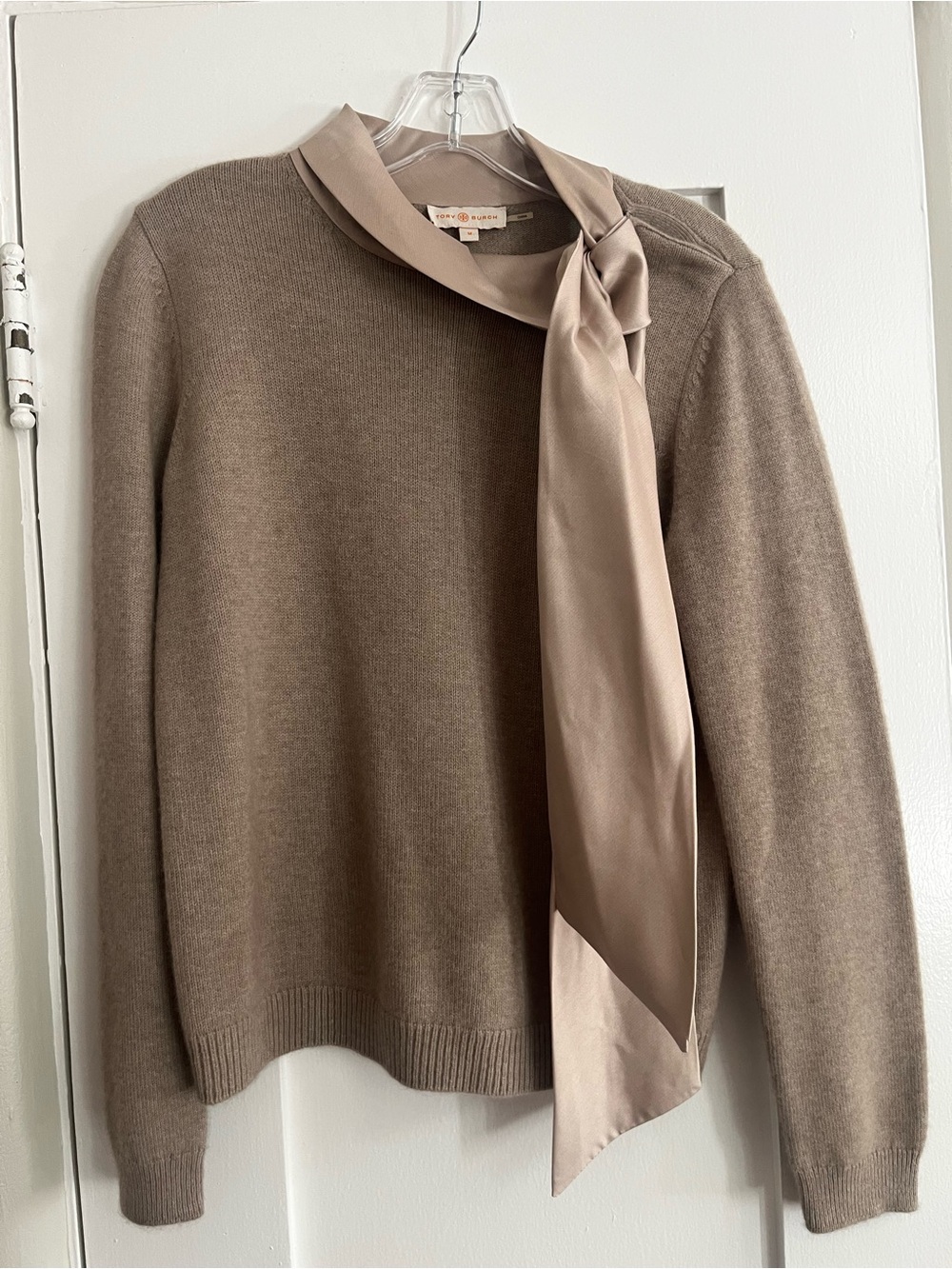 Tory Burch Sabine Taupe Wool Sweater with Silk Tie Scarf - Size M